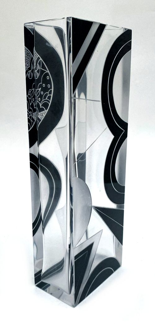 ART DECO TALL BLACK ENAMEL GLASS ETCHED VASE BY KARL PALDA C1935 - ADDITIONAL PHOTO 4