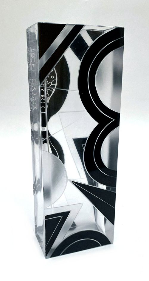 ART DECO TALL BLACK ENAMEL GLASS ETCHED VASE BY KARL PALDA C1935 - ADDITIONAL PHOTO 5