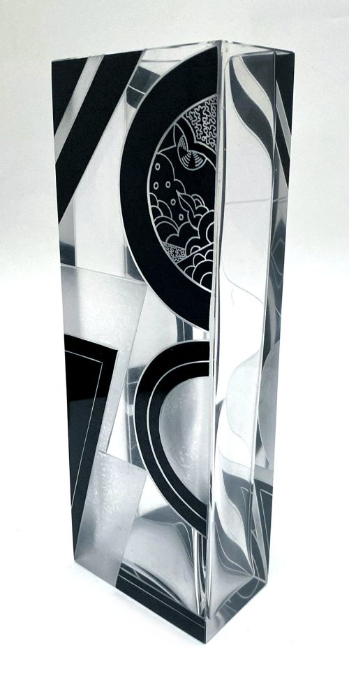 ART DECO TALL BLACK ENAMEL GLASS ETCHED VASE BY KARL PALDA C1935 - ADDITIONAL PHOTO 6