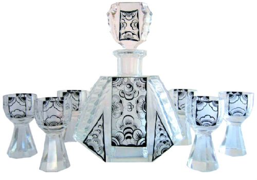 ART DECO CZECH GEOMETRIC CRYSTAL GLASS DECANTER SET BY KARL PALDA C1930'S - ADDITIONAL PHOTO 2