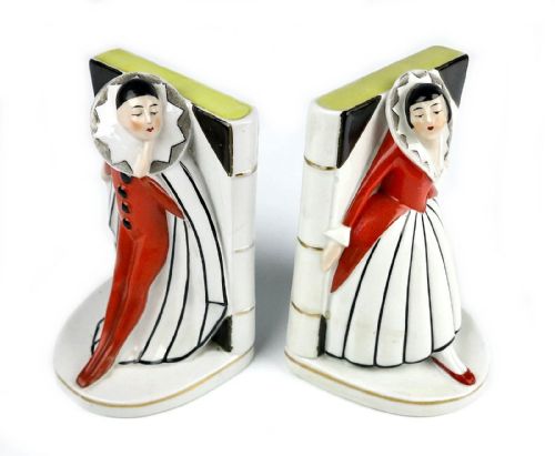 ART DECO PAIR OF CERAMIC BOOKENDS 'PIERROT AND PIERRETTE' C1930 - ADDITIONAL PHOTO 1