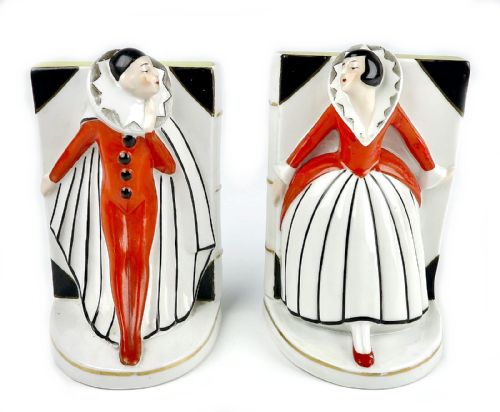 ART DECO PAIR OF CERAMIC BOOKENDS 'PIERROT AND PIERRETTE' C1930 - ADDITIONAL PHOTO 3