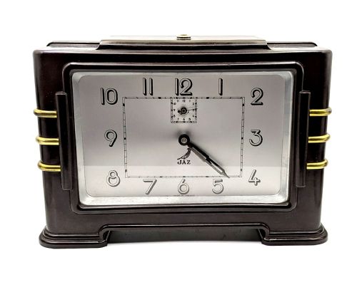 ART DECO FRENCH BAKELITE STREAMLINE MANTLE CLOCK BY JAZ C1930