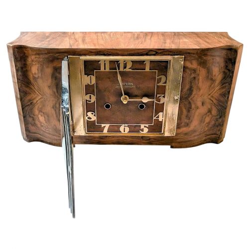 SPECTACULAR LARGE ART DECO WALNUT CHROME MANTLE CLOCK C1930 - ADDITIONAL PHOTO 1