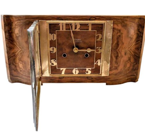 SPECTACULAR LARGE ART DECO WALNUT CHROME MANTLE CLOCK C1930 - ADDITIONAL PHOTO 11