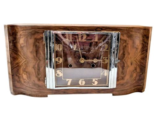 SPECTACULAR LARGE ART DECO WALNUT CHROME MANTLE CLOCK C1930 - ADDITIONAL PHOTO 12