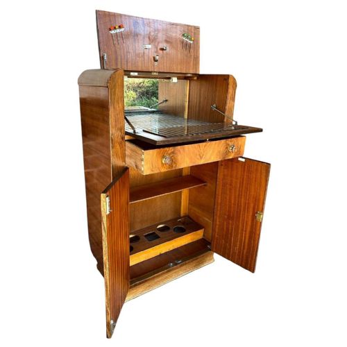 ART DECO FIGURED WALNUT DRY BAR COCKTAIL CABINET ENGLISH C1930