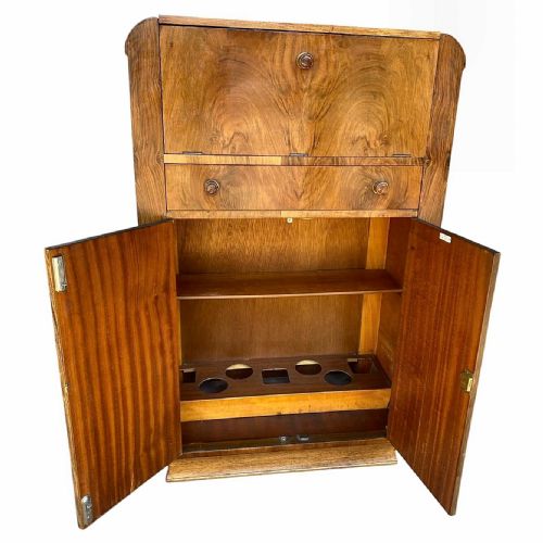 ART DECO FIGURED WALNUT DRY BAR COCKTAIL CABINET ENGLISH C1930 - ADDITIONAL PHOTO 7