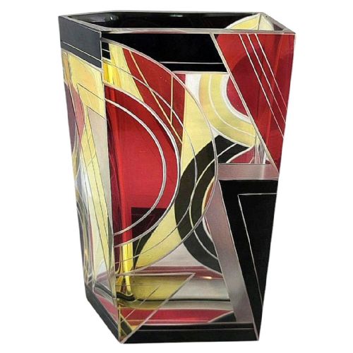 ART DECO TALL GEOMETRIC ENAMEL DECORATED GLASS VASE C1930