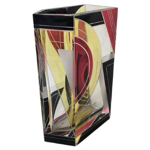 ART DECO TALL GEOMETRIC ENAMEL DECORATED GLASS VASE C1930 - ADDITIONAL PHOTO 1