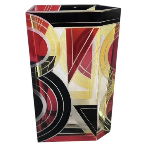 ART DECO TALL GEOMETRIC ENAMEL DECORATED GLASS VASE C1930 - ADDITIONAL PHOTO 2