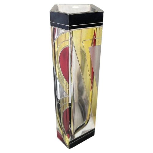 ART DECO TALL GEOMETRIC ENAMEL DECORATED GLASS VASE C1930 - ADDITIONAL PHOTO 5