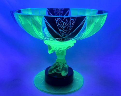 SPECTACULAR ART DECO URANIUM GLASS FIGURAL COMPORT CENTREPIECE C1930 - ADDITIONAL PHOTO 3