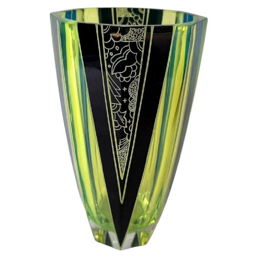 Spectacular Art Deco Uranium Glass Vase by Karl Palda, C1930