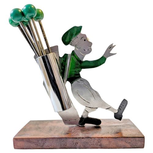 Art Deco Comical Golfer Man with Caddy Cocktail Sticks by Sudre, French C1930