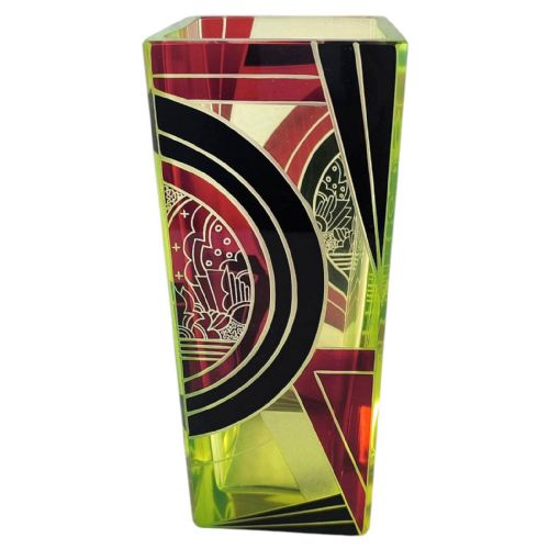 Art Deco Tall Uranium Glass and Etched Vase by Karl Palda, Czech Republic, C1930