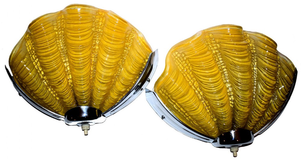 1930s English Shell Wall Lights In Daffodil Yellow