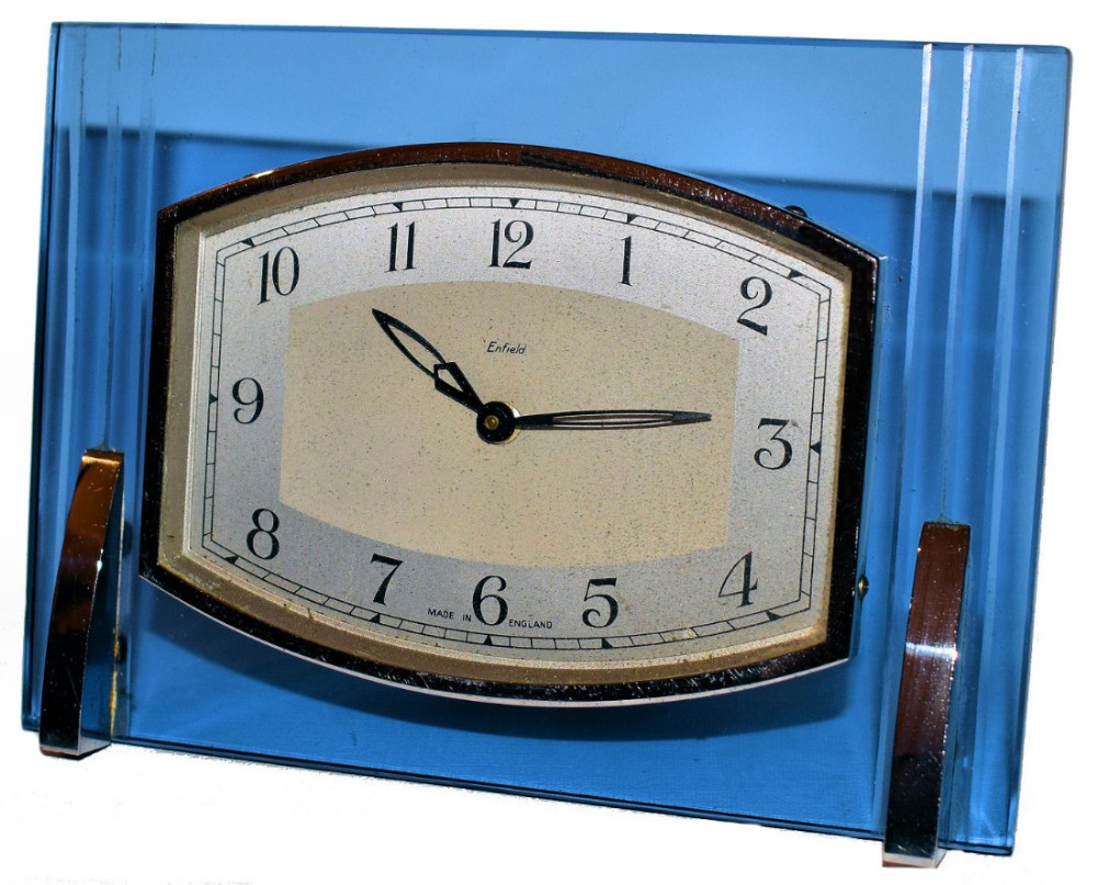 English 1930s Art Deco Blue Glass and Chrome Clock by Enfield