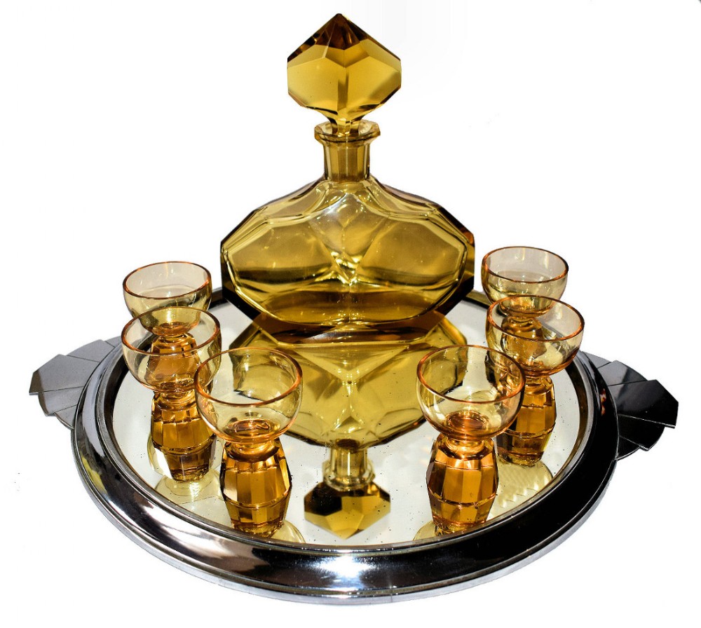 1930s Art Deco Czech Amber Glass Decanter Set