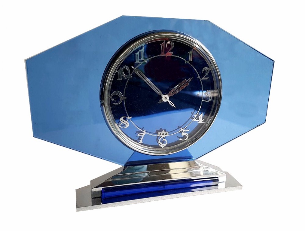 Large 1930s Art Deco French Blue Glass and Chrome Clock by Jaz