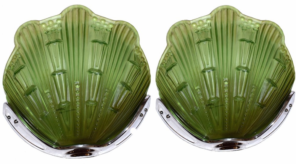 Large 1930's Art Deco Pair of Green Glass Wall Lights