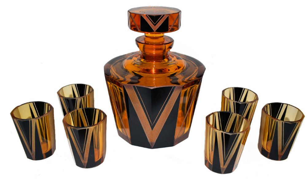 1930s Art Deco Amber Glass Decanter Set 