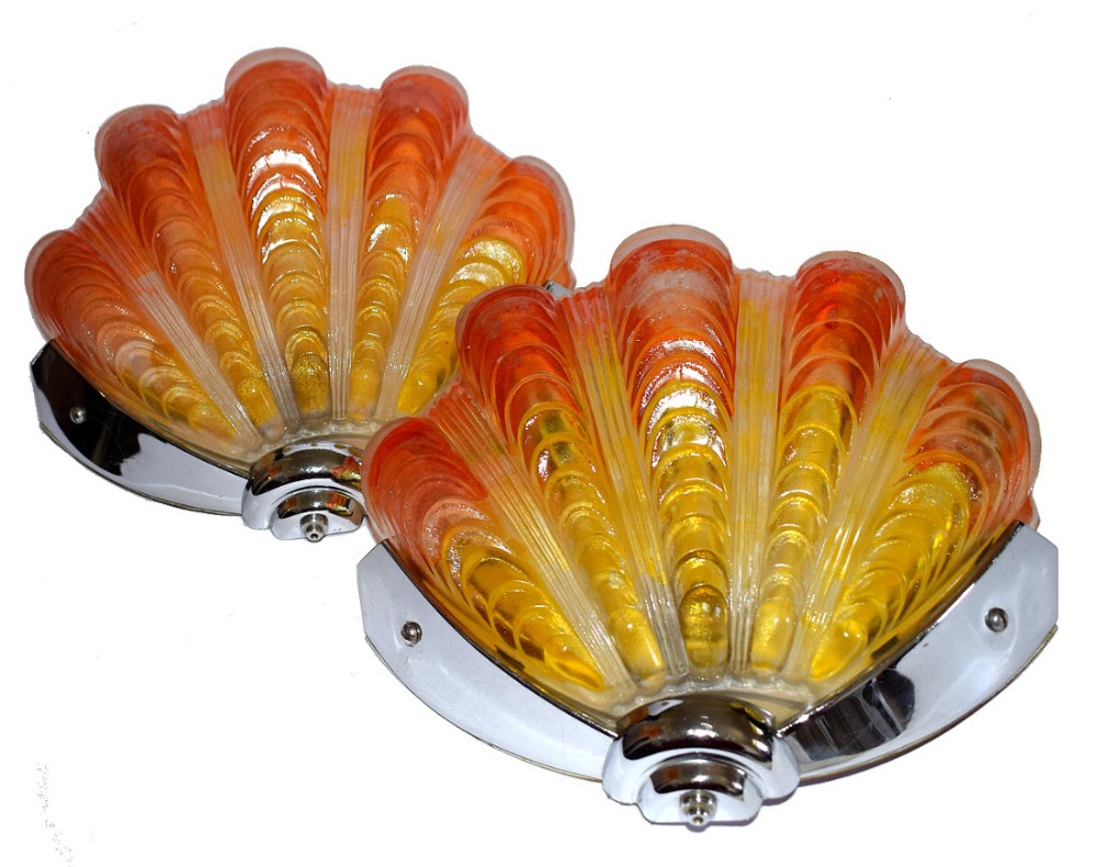 Pair Art Deco Tomatoe & Yellow Shell Wall Lights