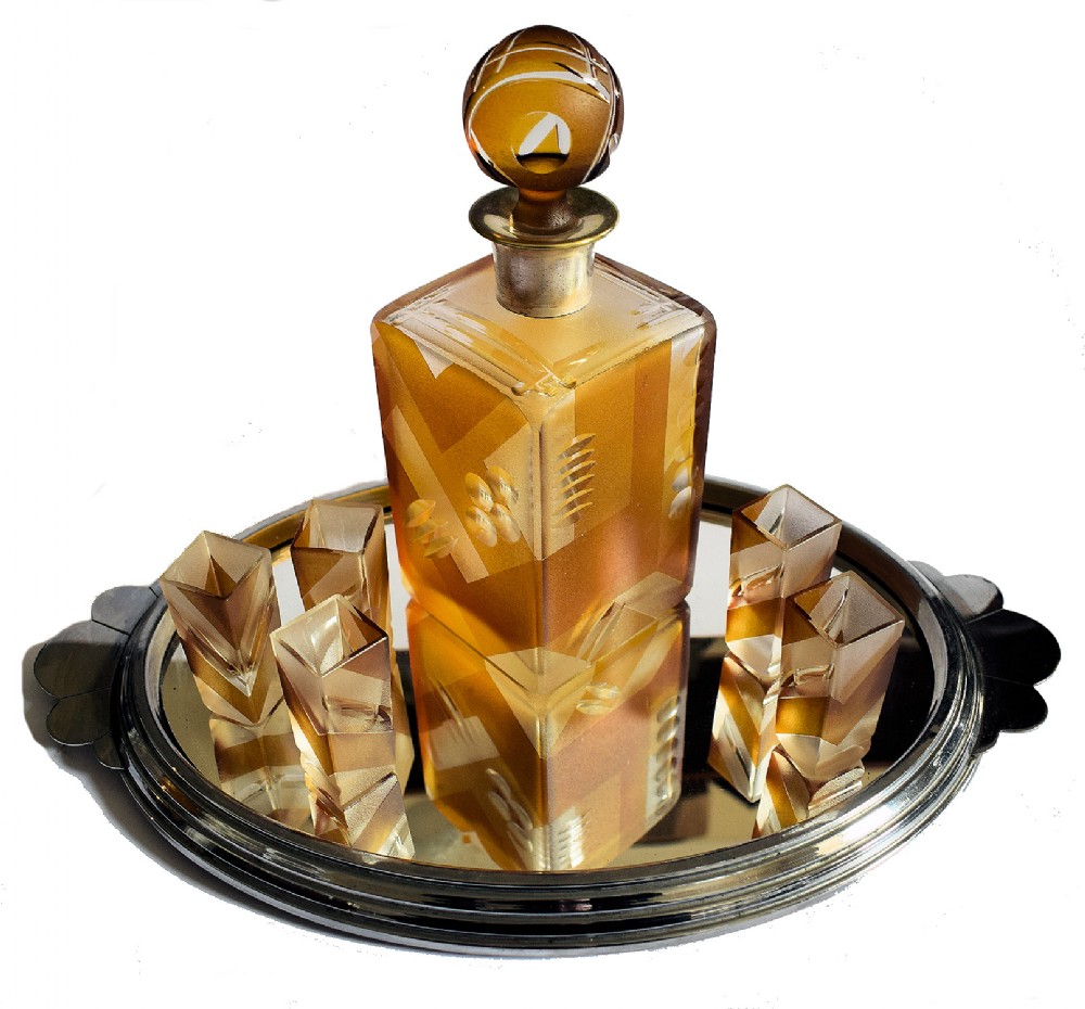 Art Deco Czech Glass Decanter set and glasses 