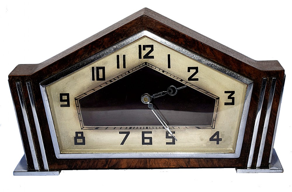 Art Deco Walnut and Chrome Mantle 8 Day Clock