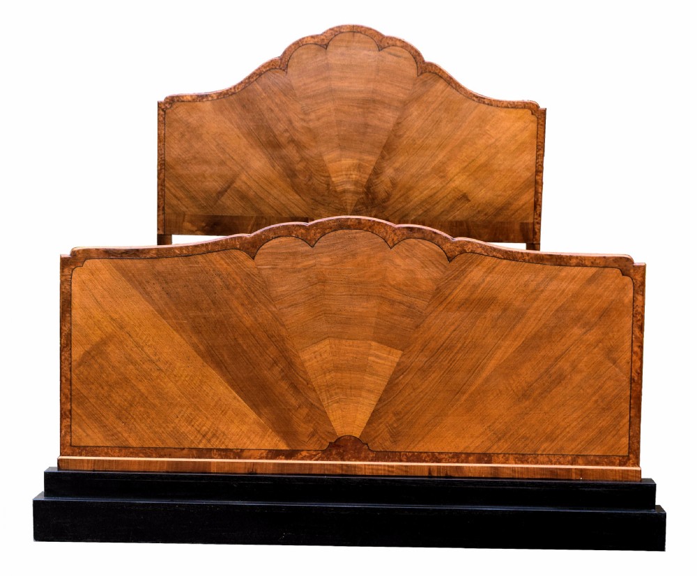 1930's Art Deco Walnut Double Fan Shaped Bed.