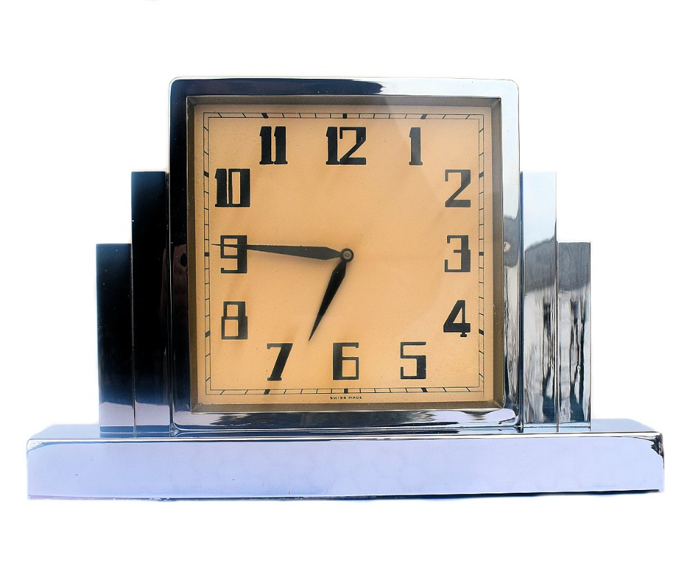 Large and Impressive 1930's Art Deco Nickel-Plated Mantle Clock