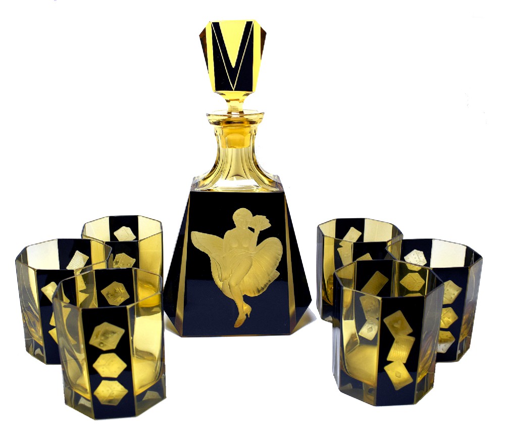 Art Deco Whisky Glass and Enamel Decanter Set by Karl Palda