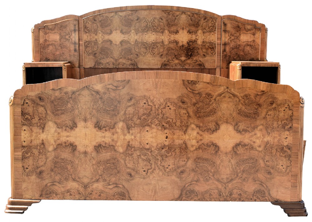 Original 1930s Art Deco Odeon Walnut Double Bed with Integral Cabinets