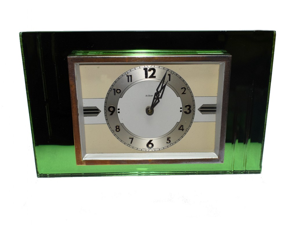1930's Art Deco Green Mirror and Chrome Clock With 8 Day Movement