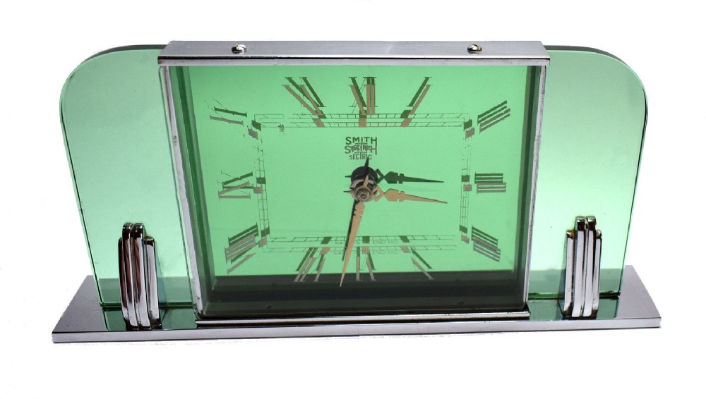 Art Deco Smiths Green Glass And Chrome Clock