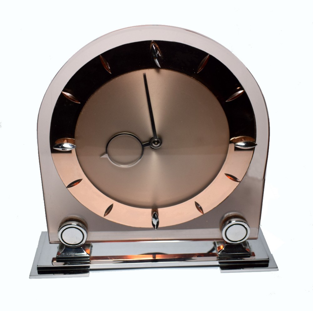 Large English 1930's Pink Glass and Mirror Mantle Clock