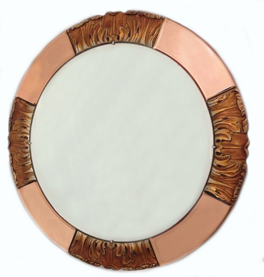 1930's Art Deco Round Rose Tinted Bevelled Edge Mirror