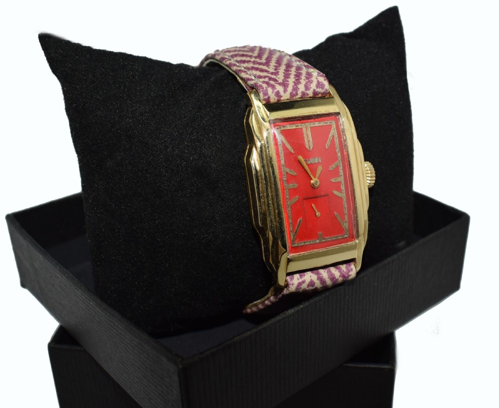 Art Deco 14K Gold Cherry Red Gents Wristwatch By Elgin, Newly Serviced. View IV