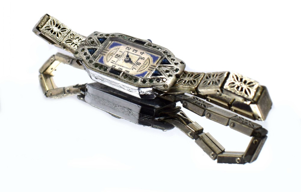 1930's Art Deco Ladies Sapphire Marcasite Enamel Watch With A Filigree Band View II