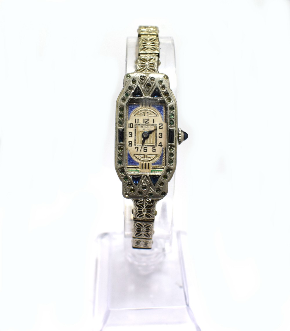 1930's Art Deco Ladies Sapphire Marcasite Enamel Watch With A Filigree Band View III