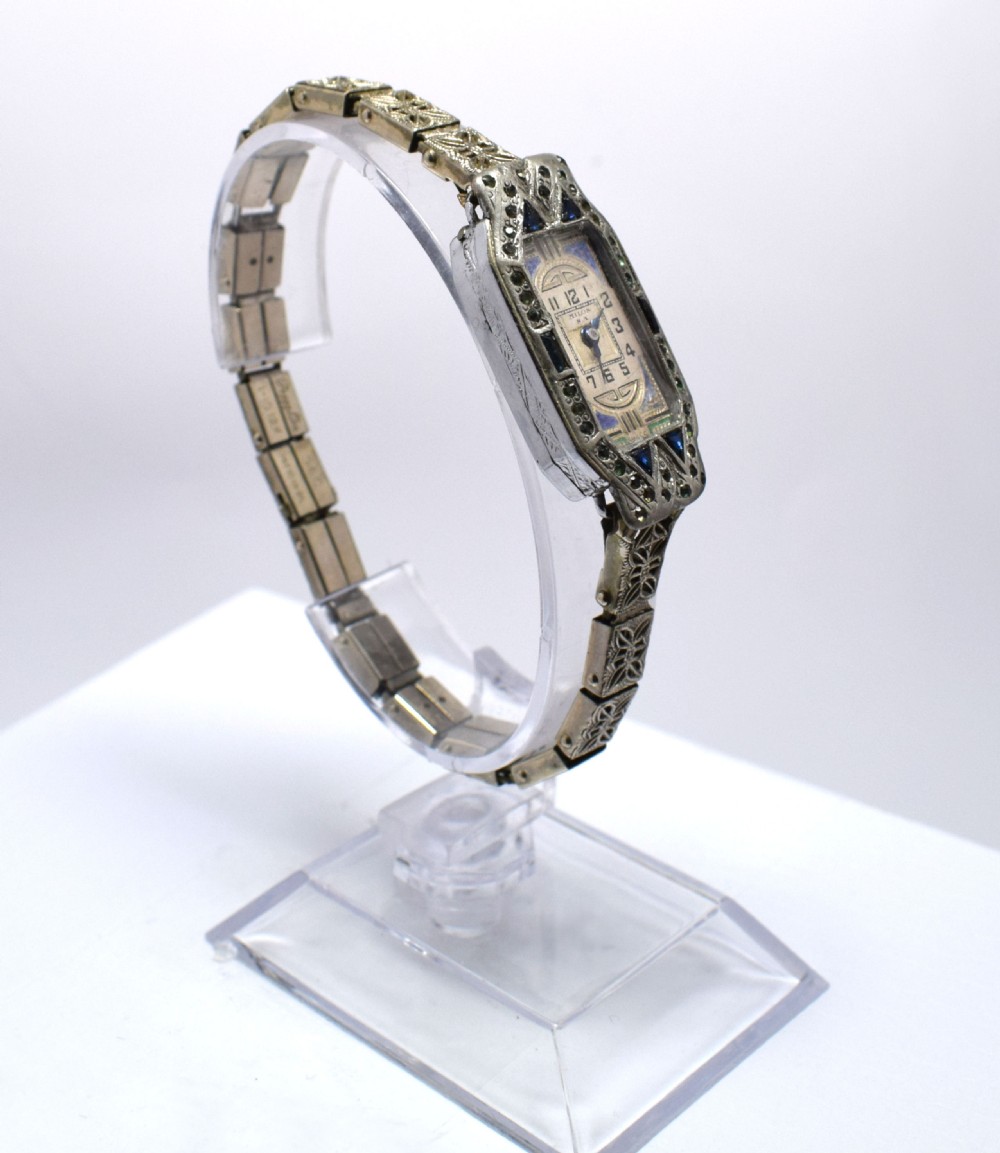 1930's Art Deco Ladies Sapphire Marcasite Enamel Watch With A Filigree Band View VI