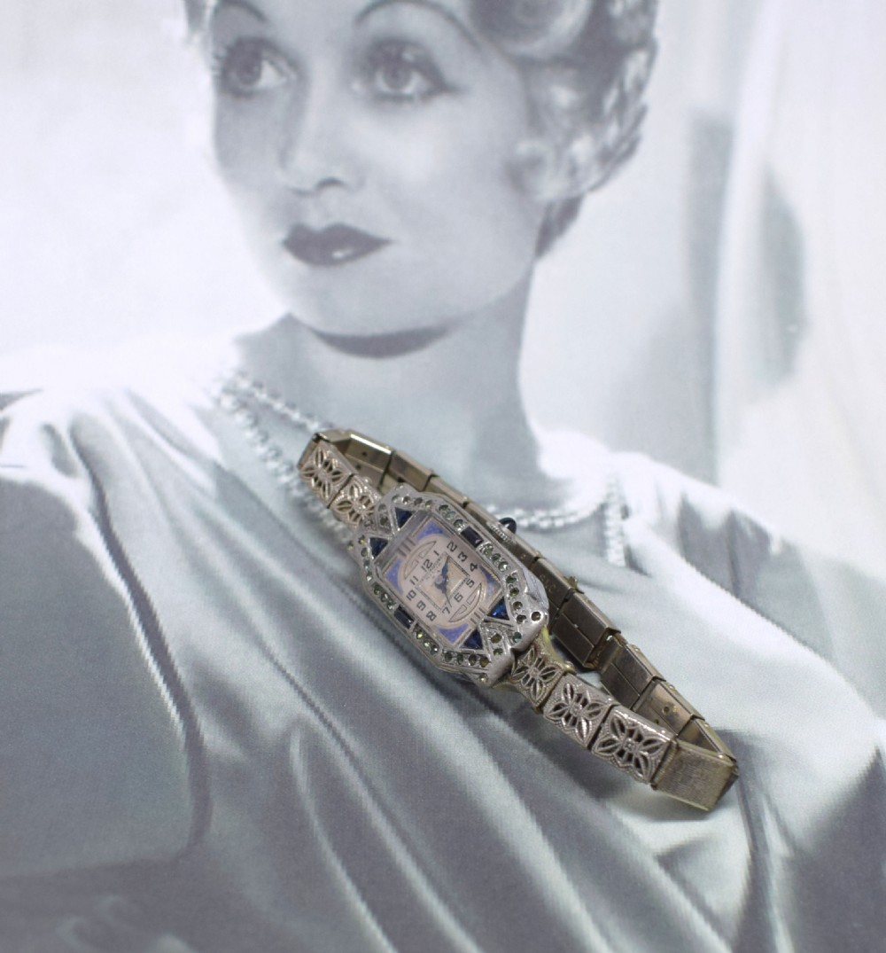 1930's Art Deco Ladies Sapphire Marcasite Enamel Watch With A Filigree Band View VIII
