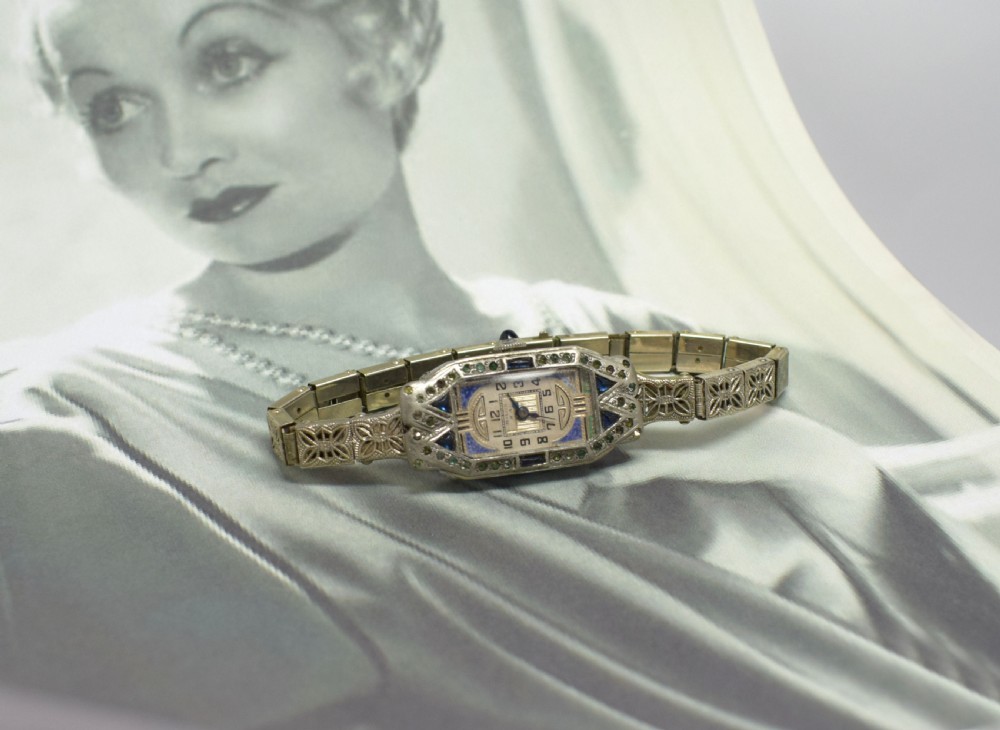 1930's Art Deco Ladies Sapphire Marcasite Enamel Watch With A Filigree Band View IX