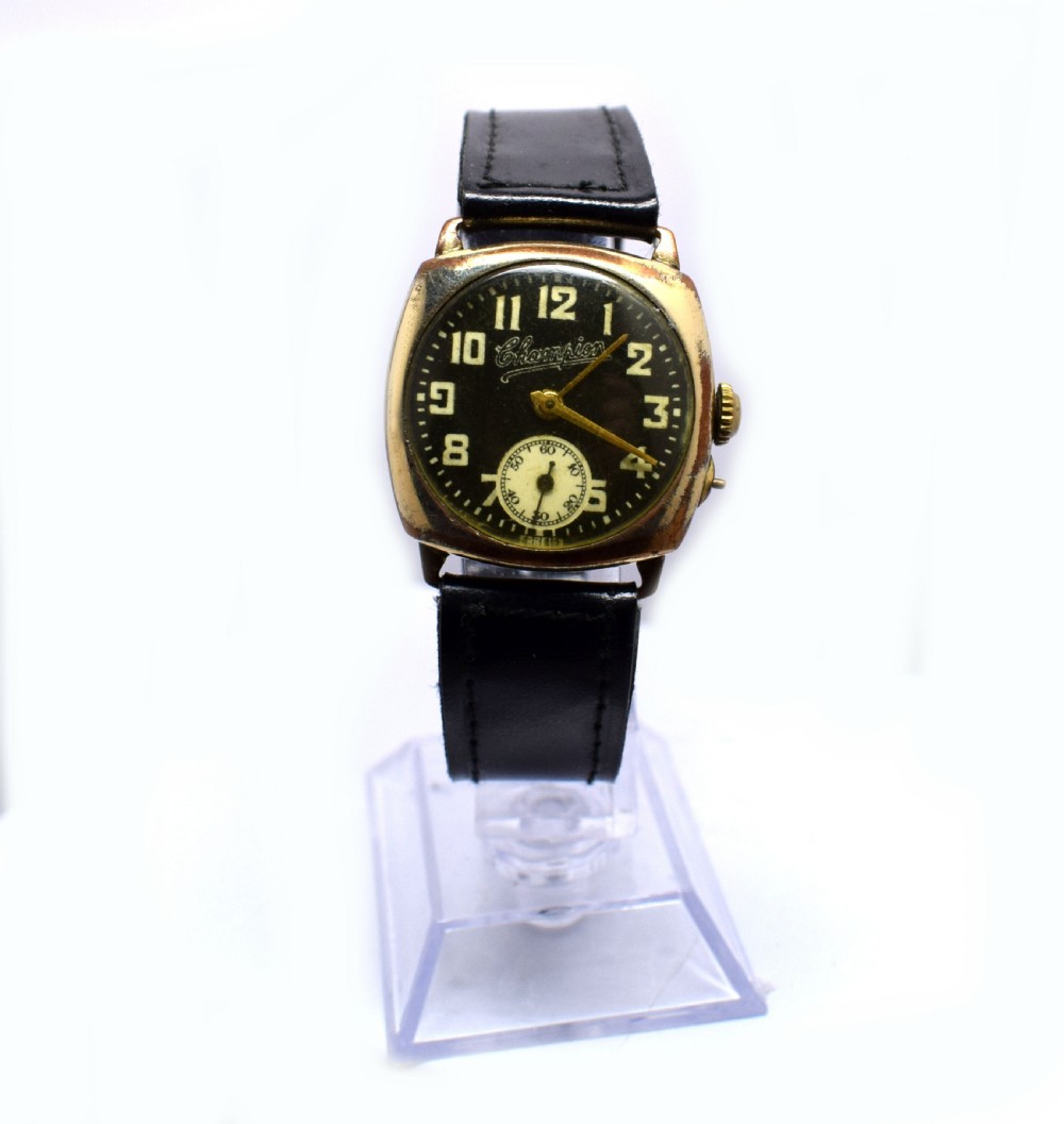 1930's Art Deco Gents Rose Gold Plated Cushion Wrist Watch View II