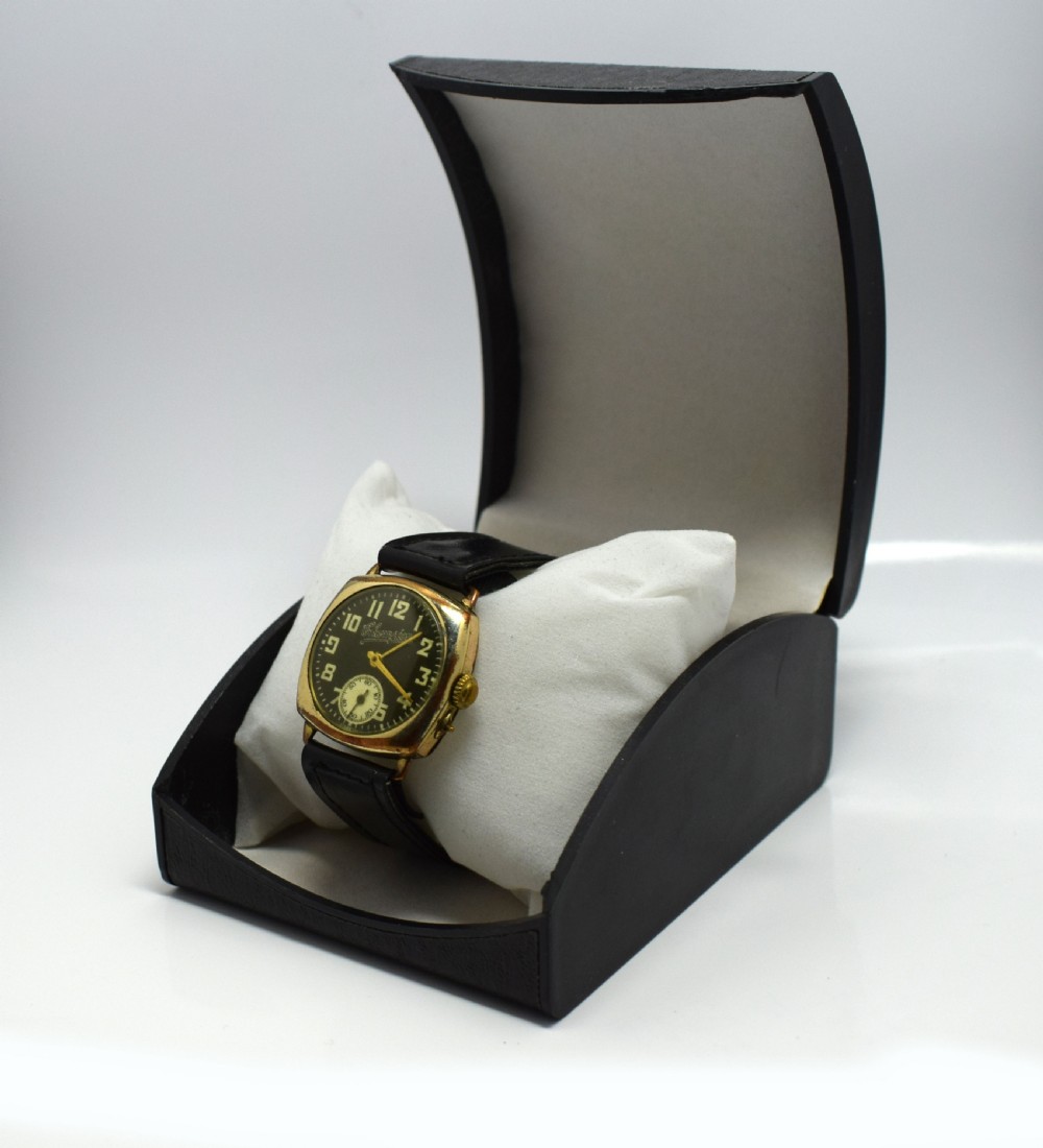 1930's Art Deco Gents Rose Gold Plated Cushion Wrist Watch View VI