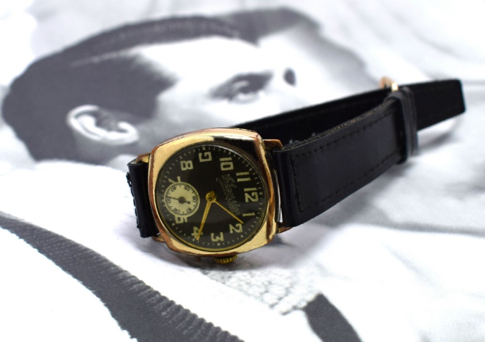 1930's Art Deco Gents Rose Gold Plated Cushion Wrist Watch View IX