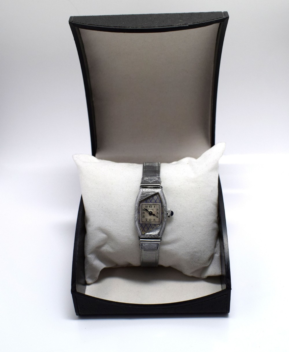 1930's Ladies Art Deco White 14k Gold Enamel Watch View IV
