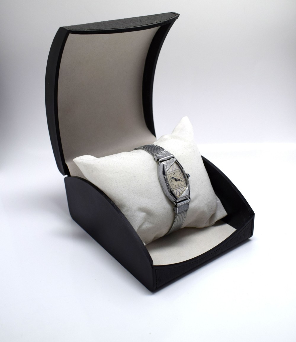 1930's Ladies Art Deco White 14k Gold Enamel Watch View V
