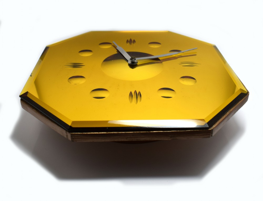 Rare Art Deco 1930's Yellow Mirror Wall Clock  View III