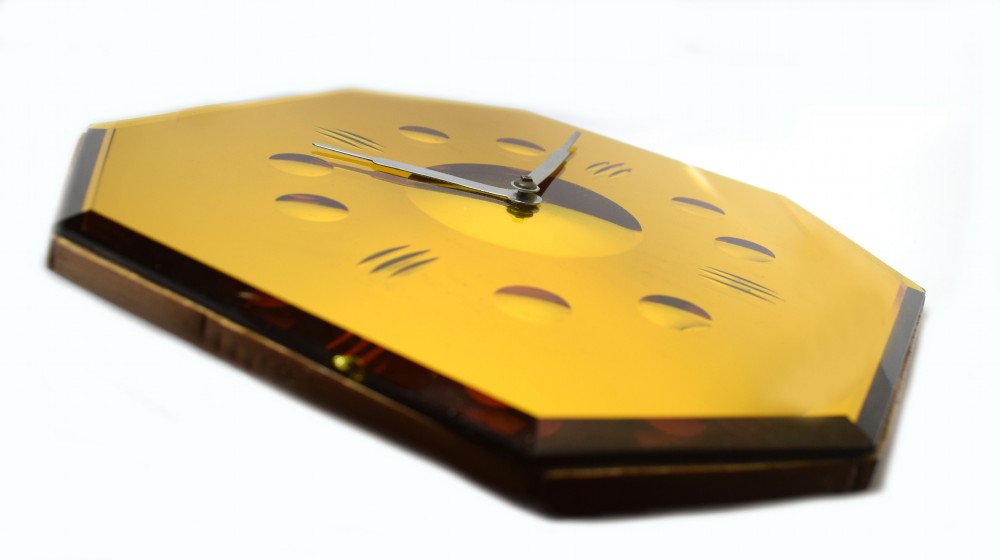 Rare Art Deco 1930's Yellow Mirror Wall Clock  View V